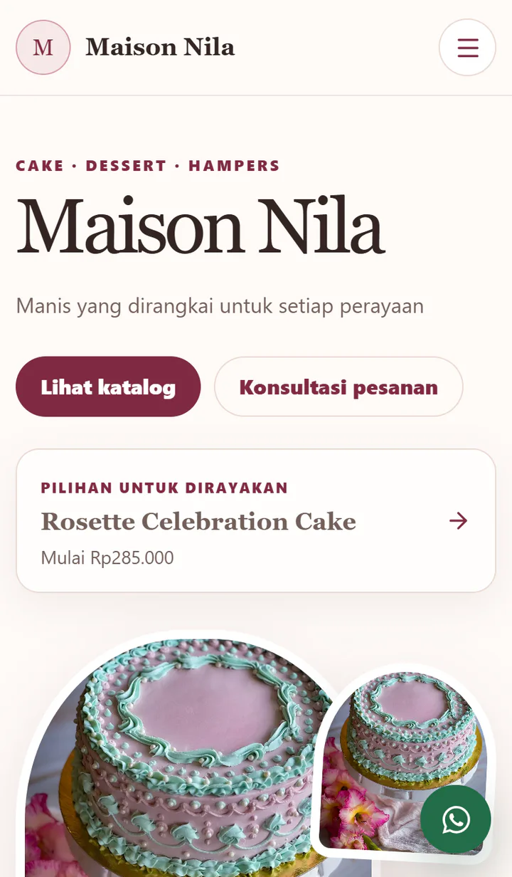 Contoh Web 3 dibuka lewat HP, menampilkan katalog cake perayaan