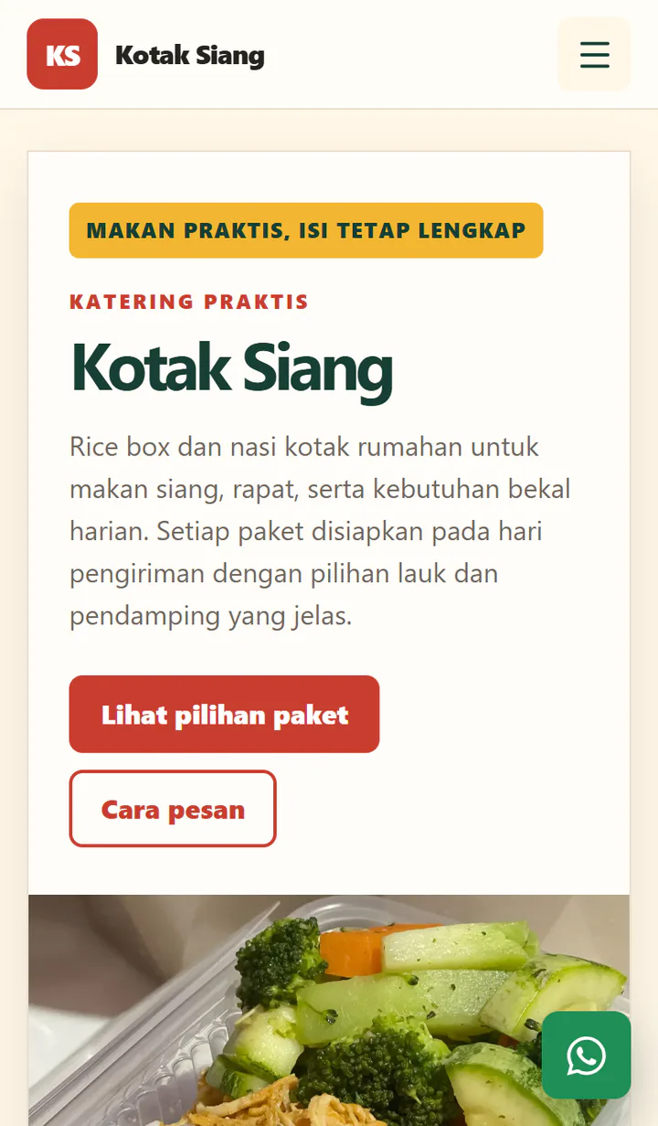 Contoh Web 4 dibuka lewat HP, menampilkan katalog nasi kotak