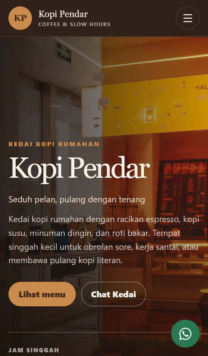 Contoh Web 5 dibuka lewat HP, menampilkan katalog kedai kopi