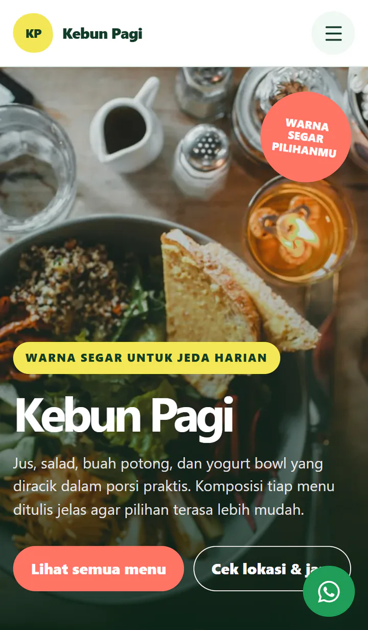 Contoh Web 6 dibuka lewat HP, menampilkan katalog jus dan makanan segar