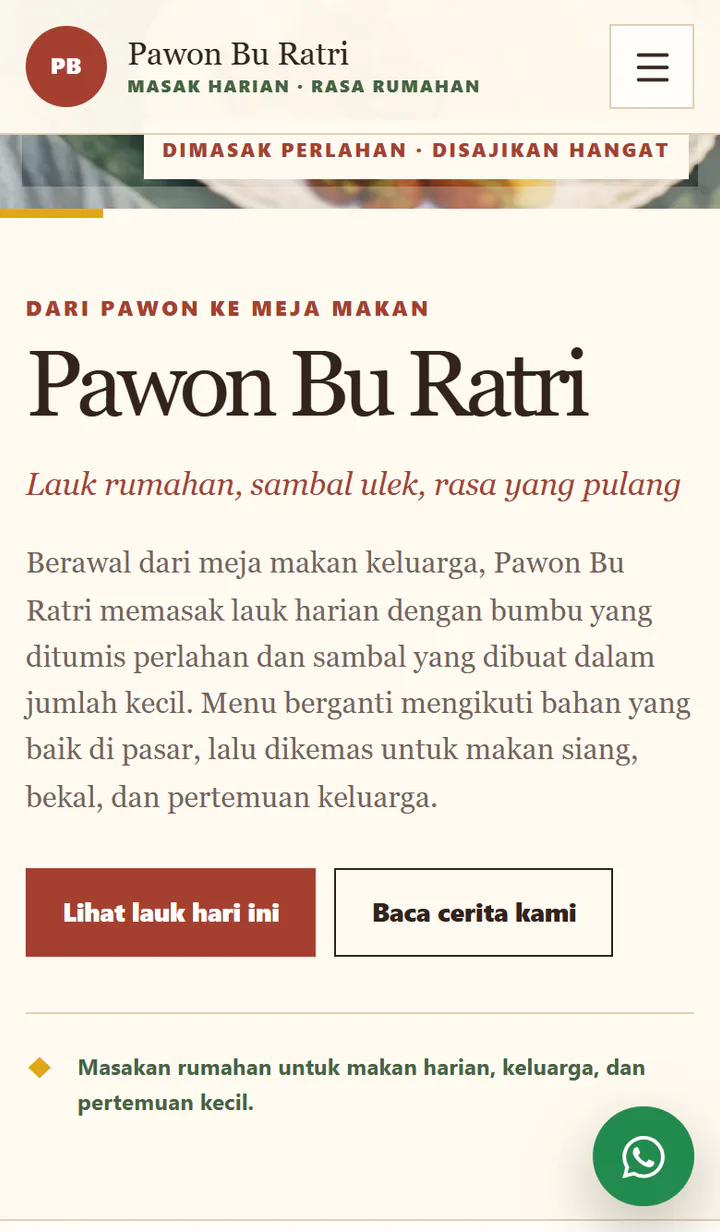 Contoh Web 7 dibuka lewat HP, menampilkan katalog masakan rumahan