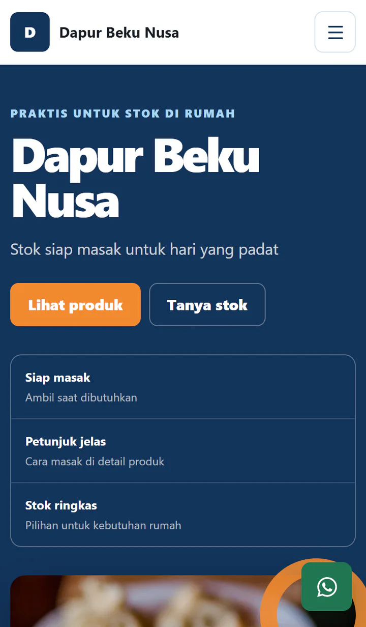 Contoh Web 8 dibuka lewat HP, menampilkan katalog frozen food