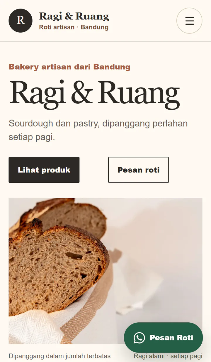 Contoh Web 9 dibuka lewat HP, menampilkan katalog bakery artisan