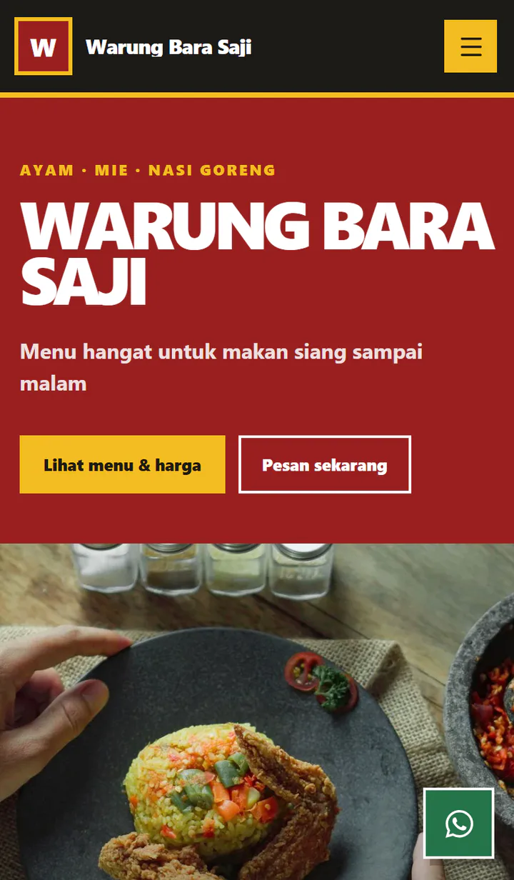Contoh Web 10 dibuka lewat HP, menampilkan katalog warung makan